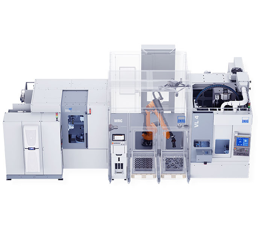 Kompakte MRC-Roboterzelle optimiert Produktionsfläche Schematische Darstellung der MRC-Roboterzelle von oben, die ein kompaktes Layout mit Abmessungen von 2,7 m x 5,1 m zeigt. Zentraler Roboterarm, umgeben von zwei Werkzeugmaschinen für maximale Raumausnutzung.